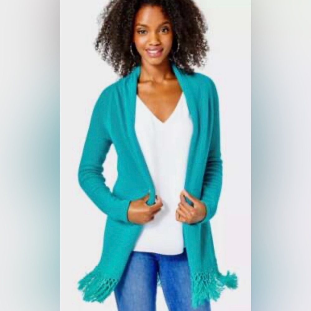 Lilly Pulitzer Maldives Green Tatum Long Cardigan Fringe Hem Cotton Coastal Sml - Picture 5 of 12